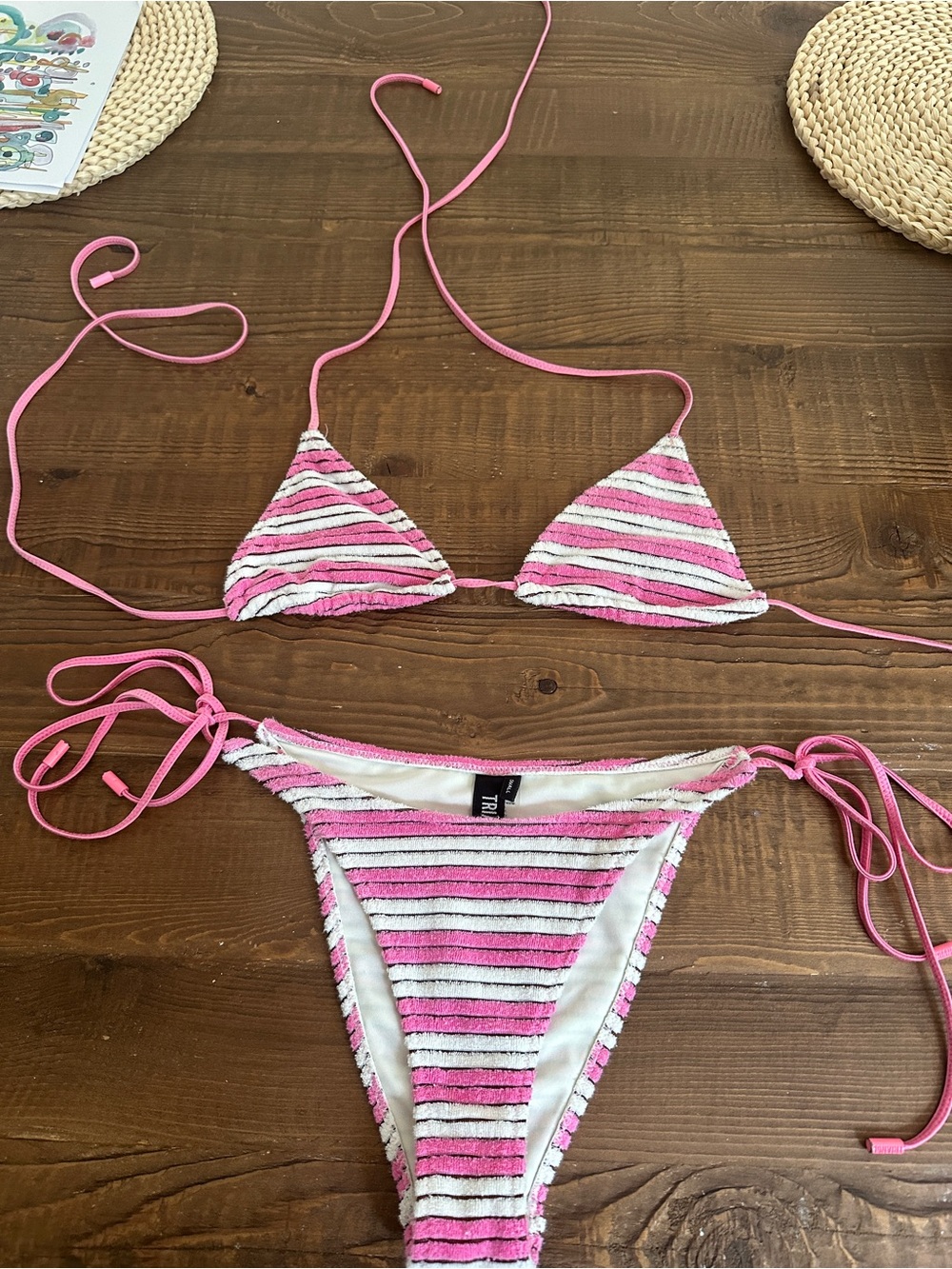 Striped Pink and White Tie Bikini triangl